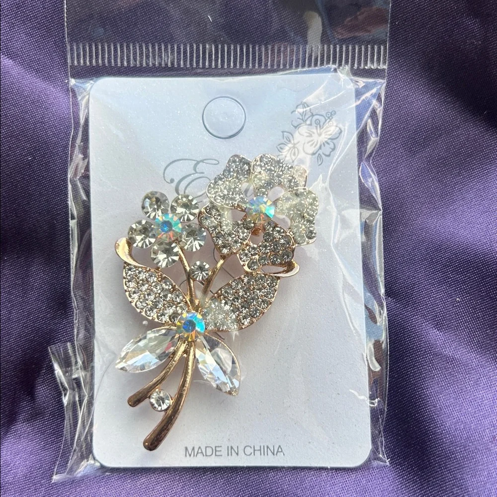 Elegance Crystal Flower Brooch - Gold and Clear